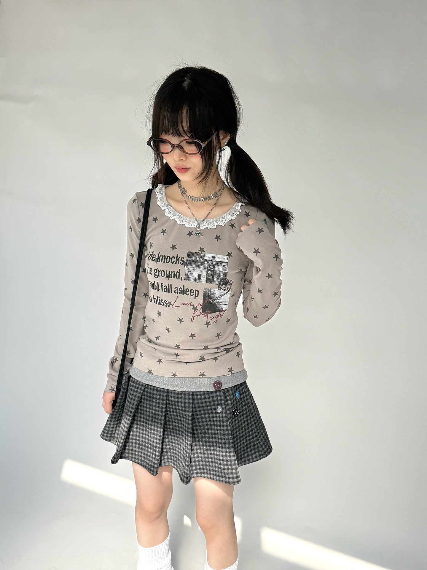Star Print Lace Trim Fitted Long Sleeve T-Shirt