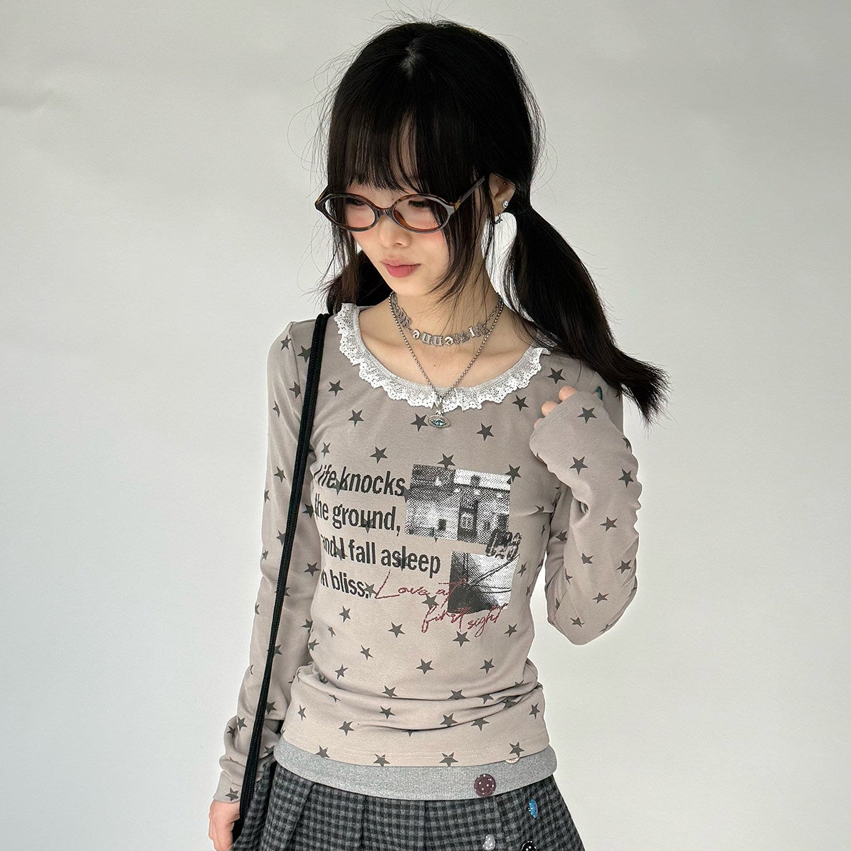 Star Print Lace Trim Fitted Long Sleeve T-Shirt