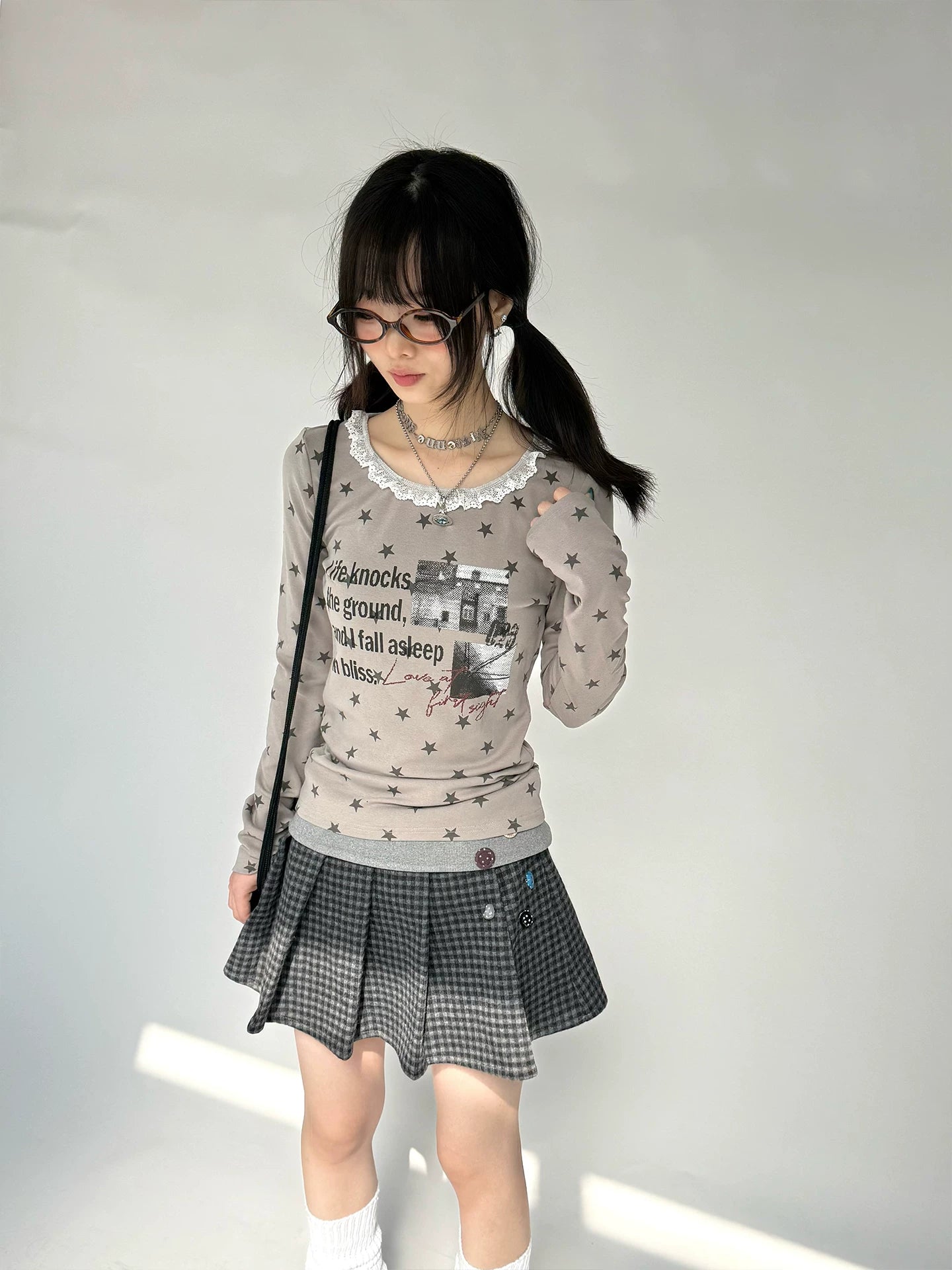 Star Print Lace Trim Fitted Long Sleeve T-Shirt