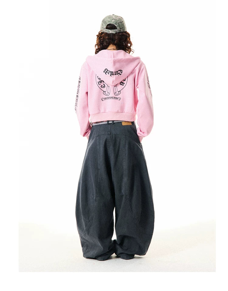 Gothic Logo Print Cropped Zipper Hoodie