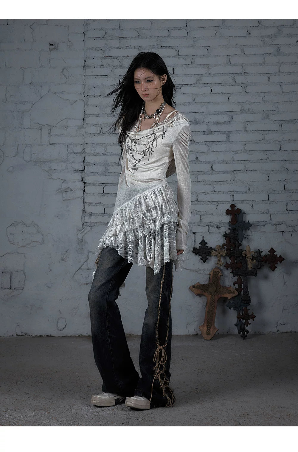 Lace Hooded Asymmetric Ruffle Dress