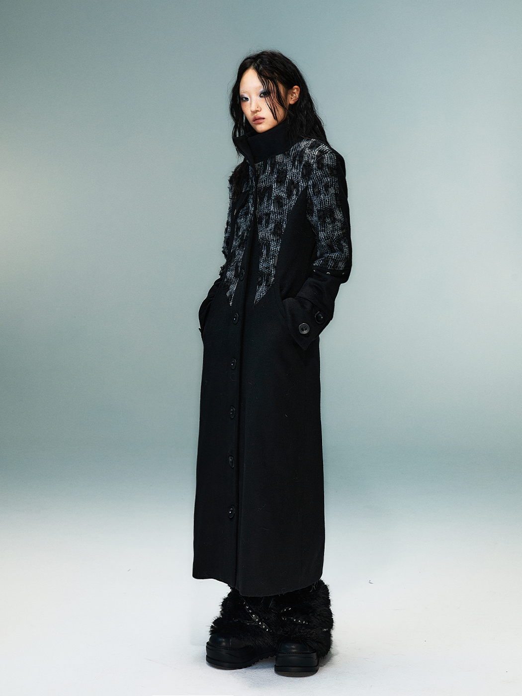 High-Neck Studs Patchwork Wool Coat