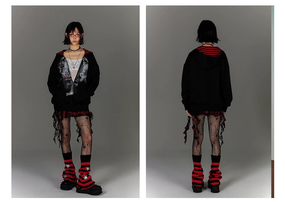 Fake Layered Zipper Stripe Oversize Pullover Hoodie