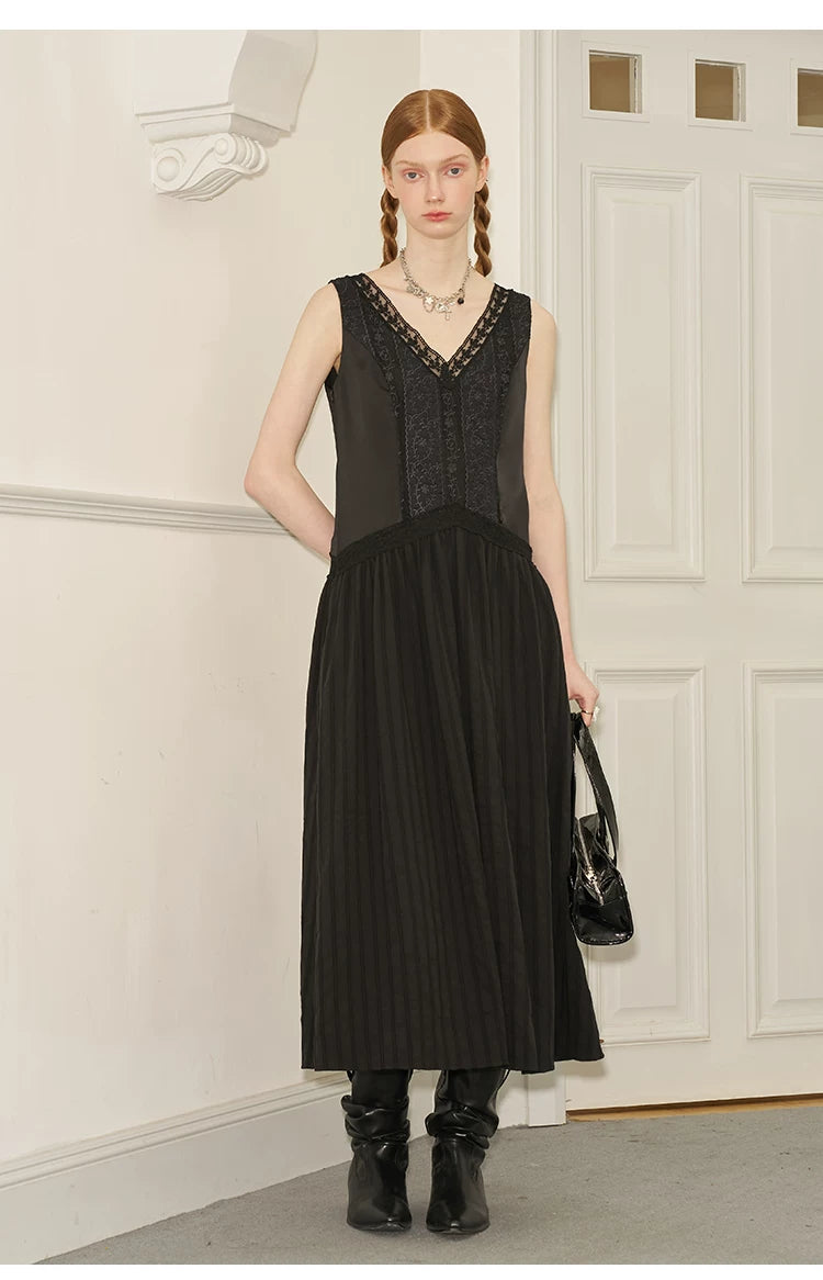 V-Neck Lace Stripe Splicing Sleeveless Long Dress