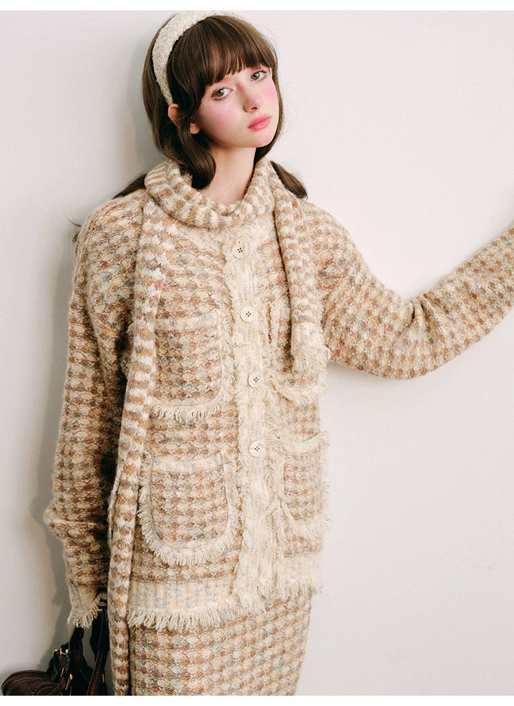 Plaid Button Cardigan & Scarf & Long Skirt Setup
