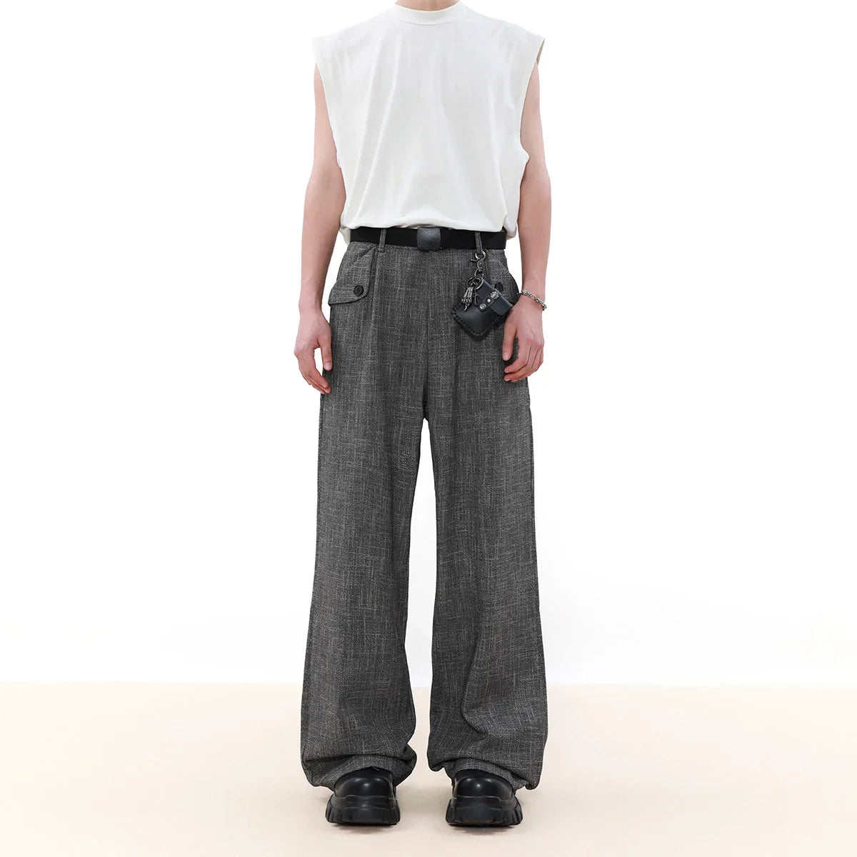 Flip Pocket Design Wide-Leg Straight Trousers