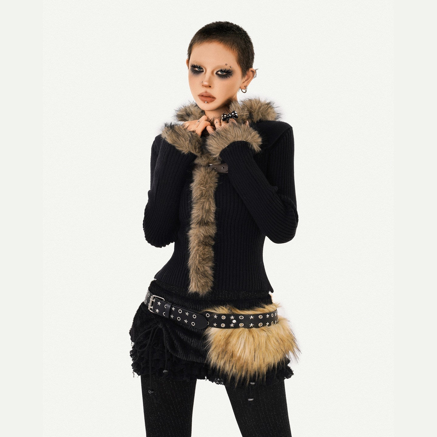 Fur Collar Fitted Knit Sweater