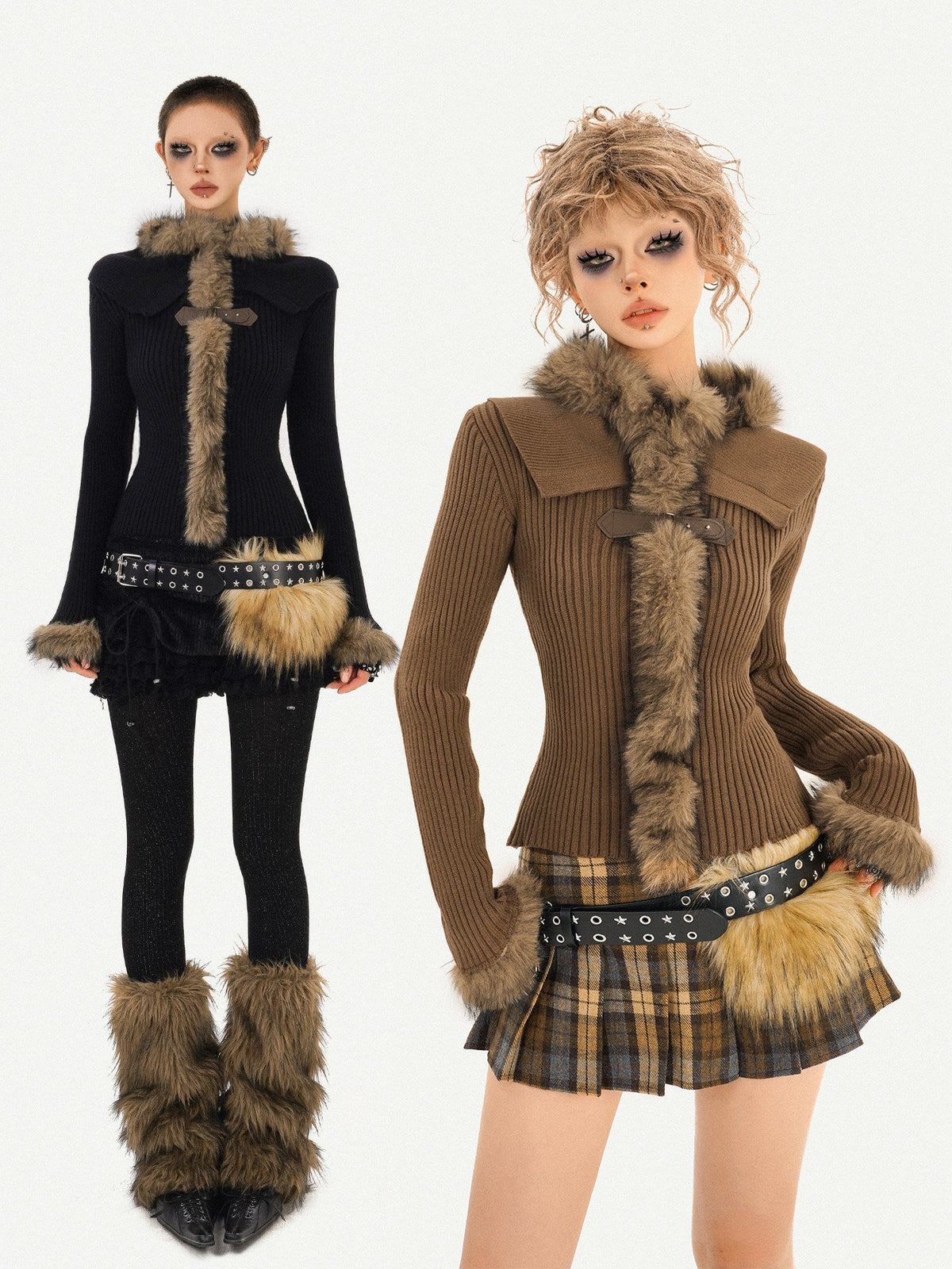 Fur Collar Fitted Knit Sweater