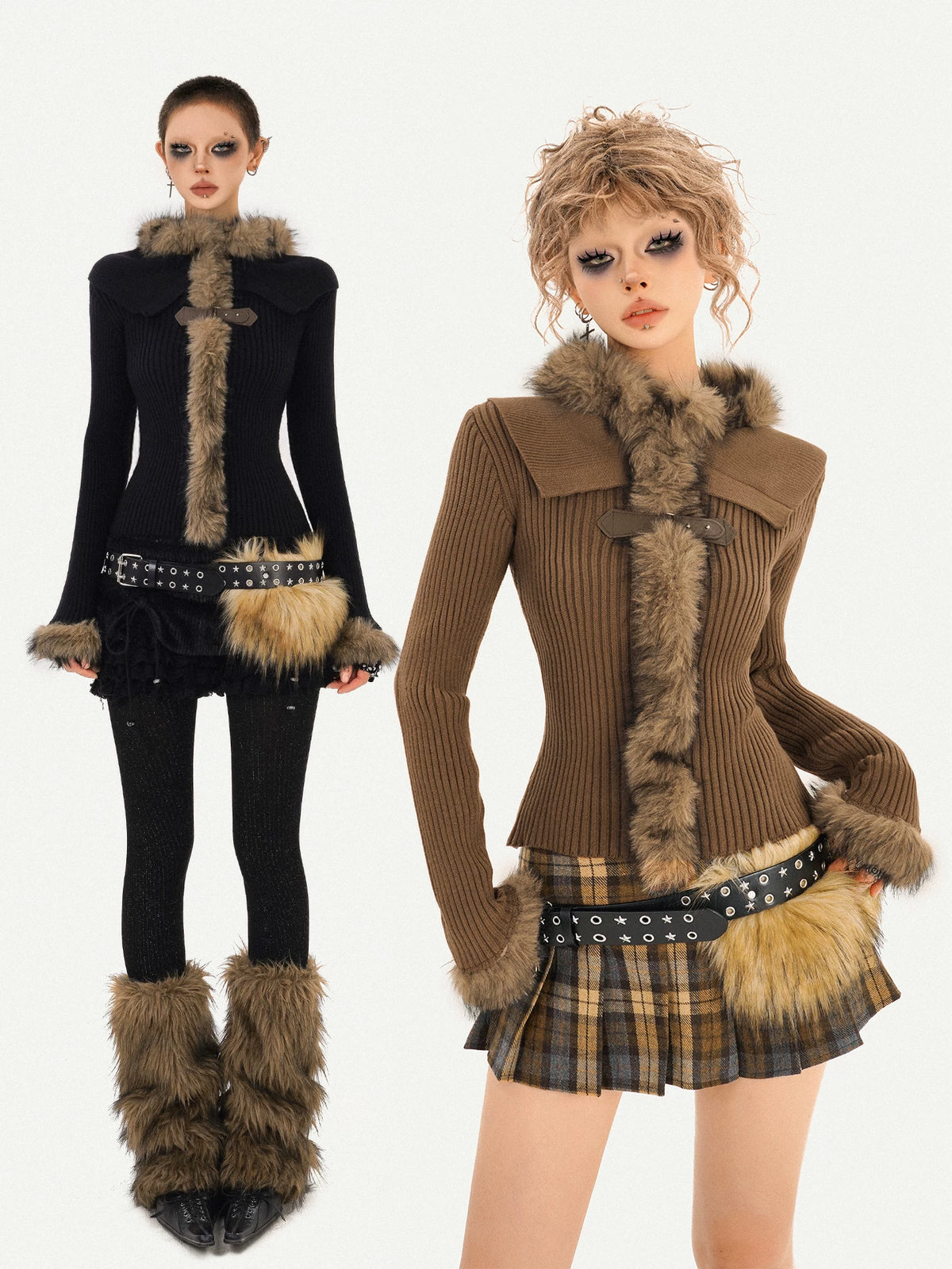 Fur Collar Fitted Knit Sweater