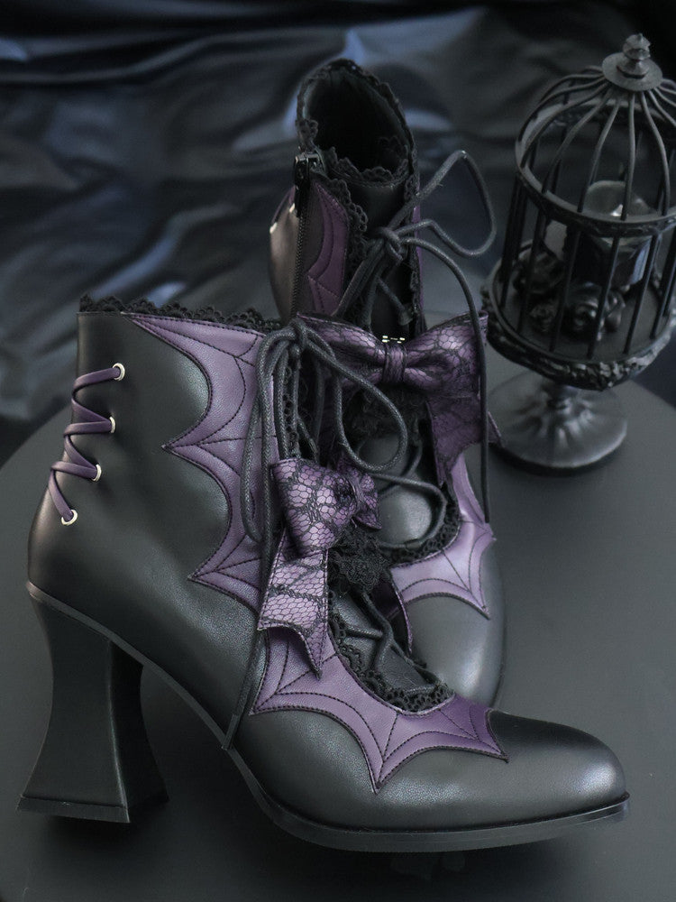 Lace Bow Purple Spider Web Ankle Boots
