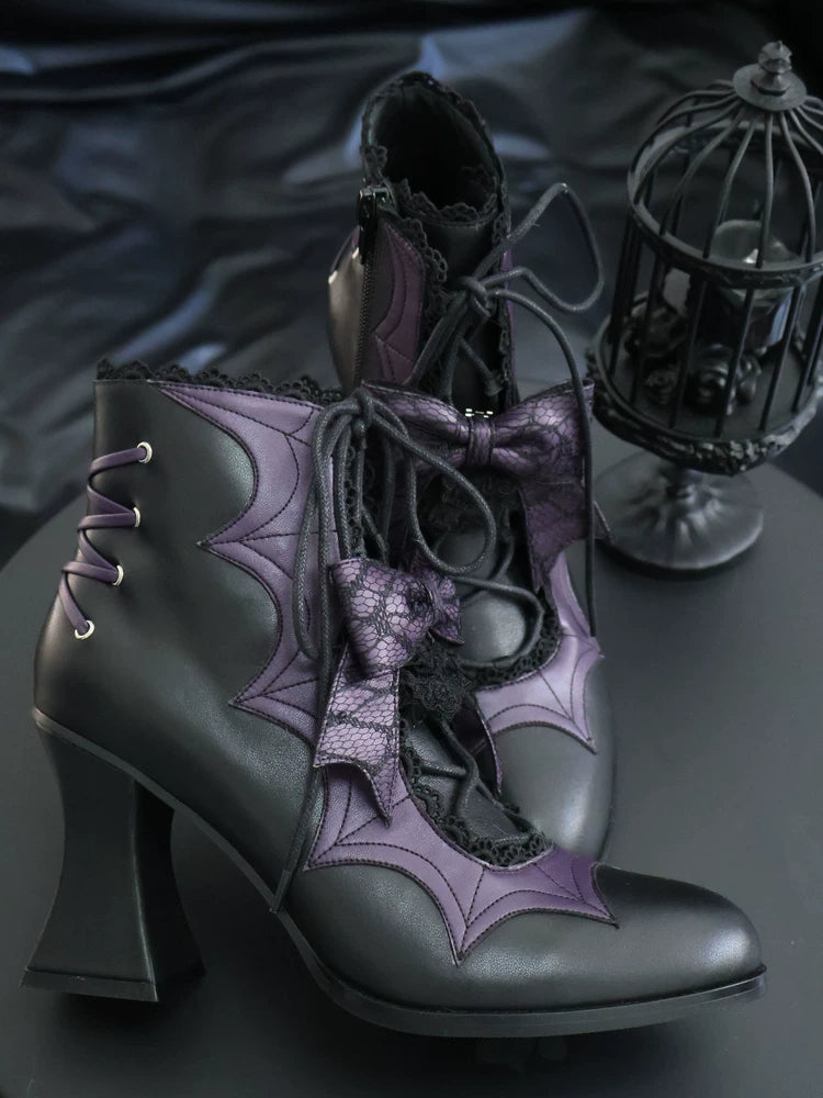 Lace Bow Purple Spider Web Ankle Boots