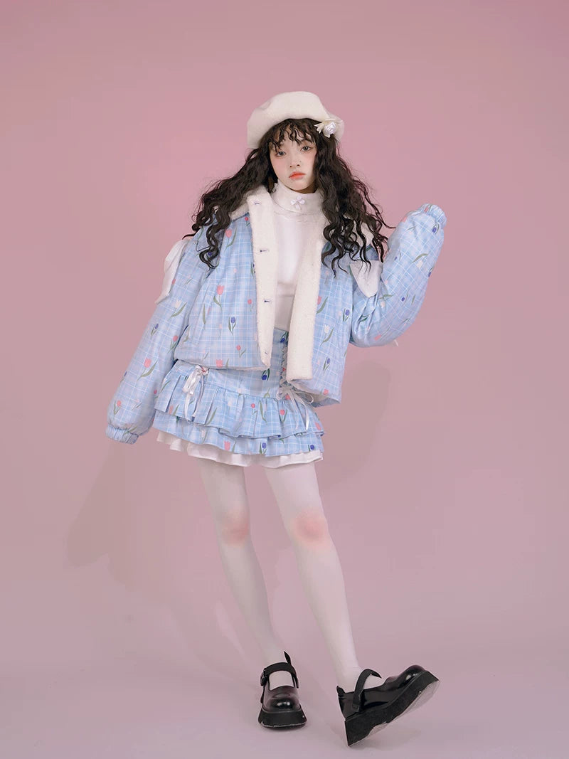 Flower Print Bow Fleece Lining Puffer Jacket