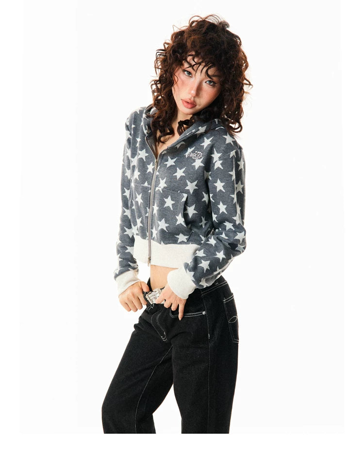 Star Print Cropped Zip-Up Hoodie
