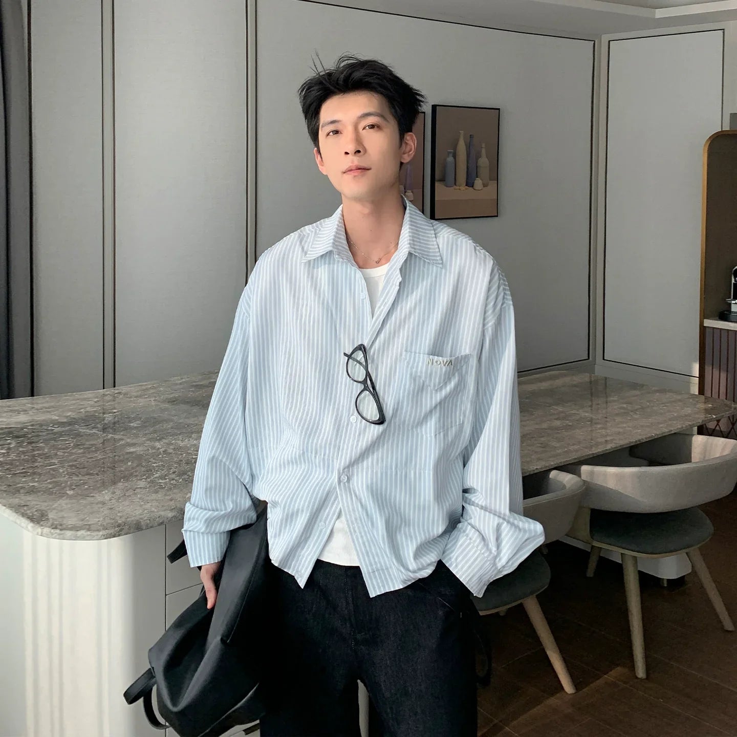 Vertical Stripe Waist-Fit Cotton Long Sleeve Shirt