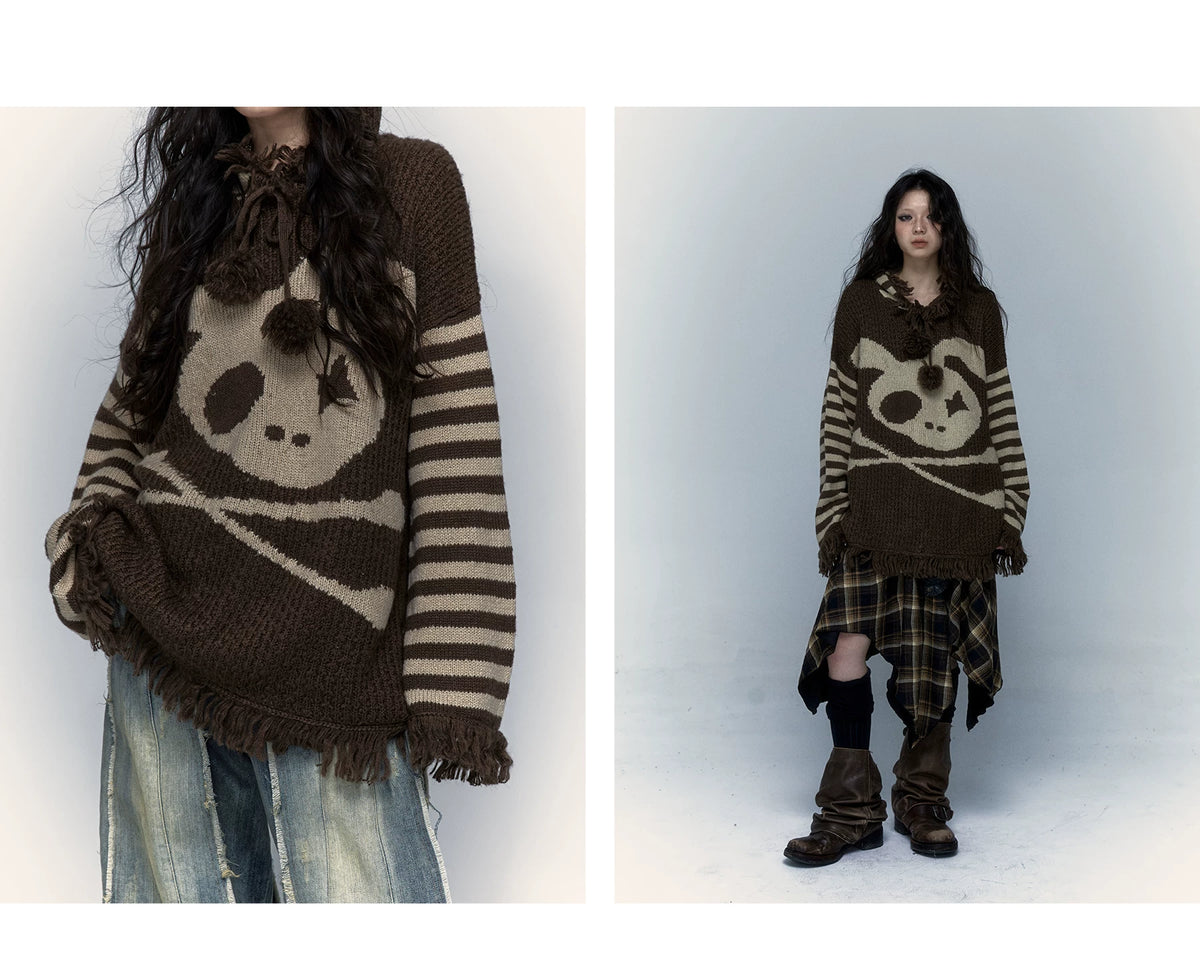 Skull Print Stripe Oversize Knit Hoodie