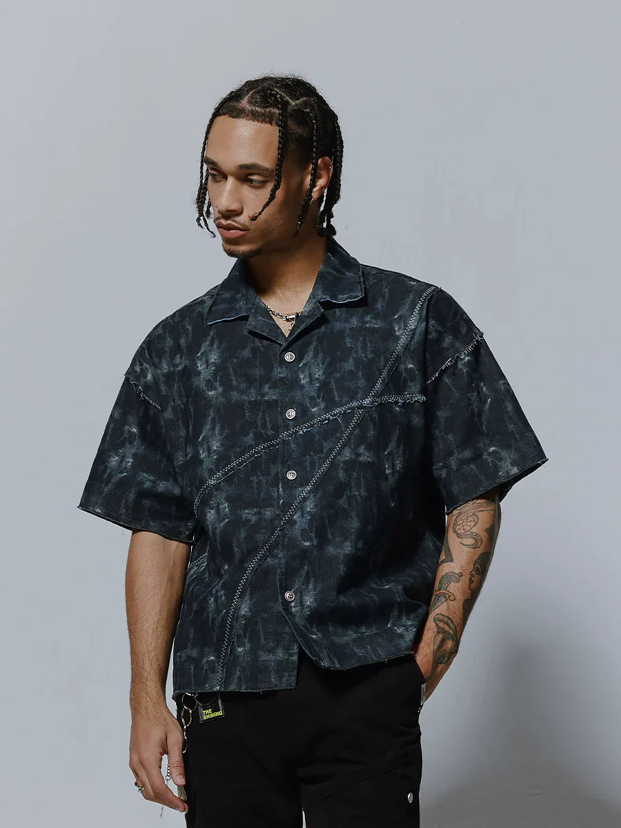 Ink Print Patchwork Spread-Collar Short Sleeve Shirt