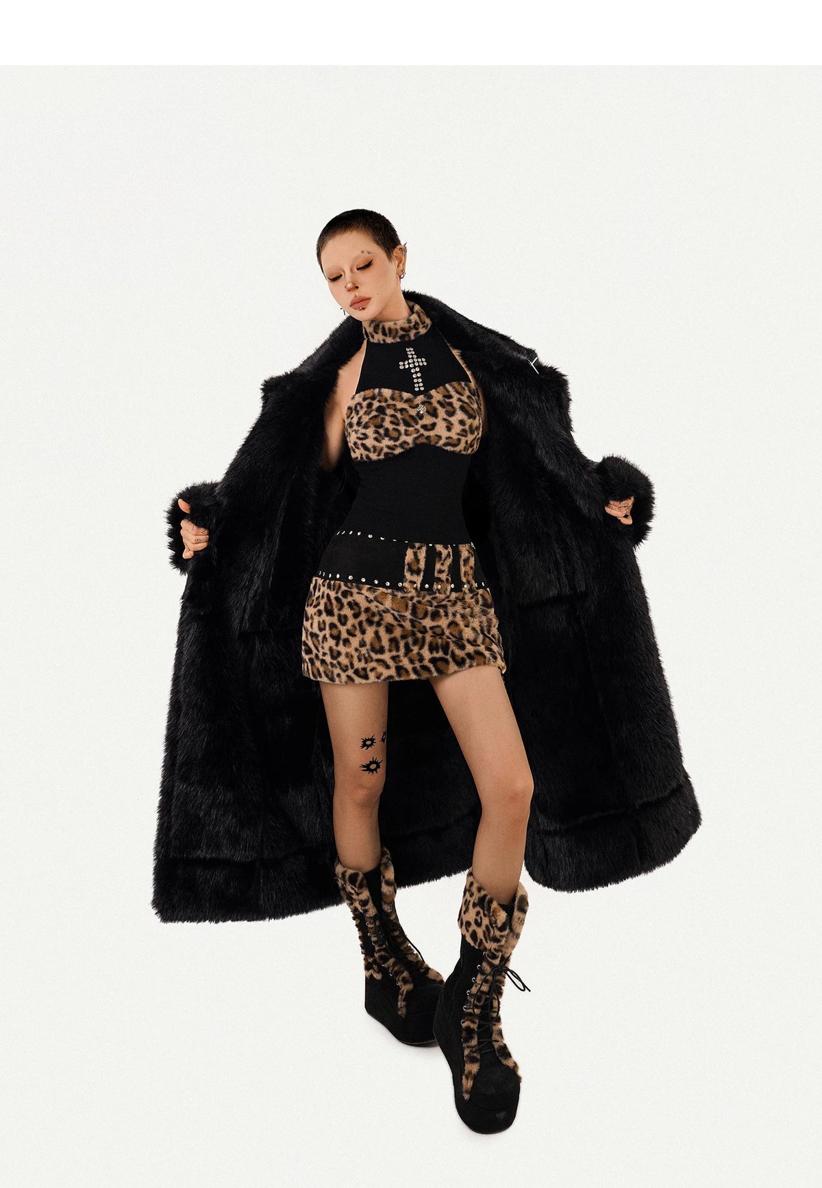 PU Leather Fake Fur Stand Neck Coat