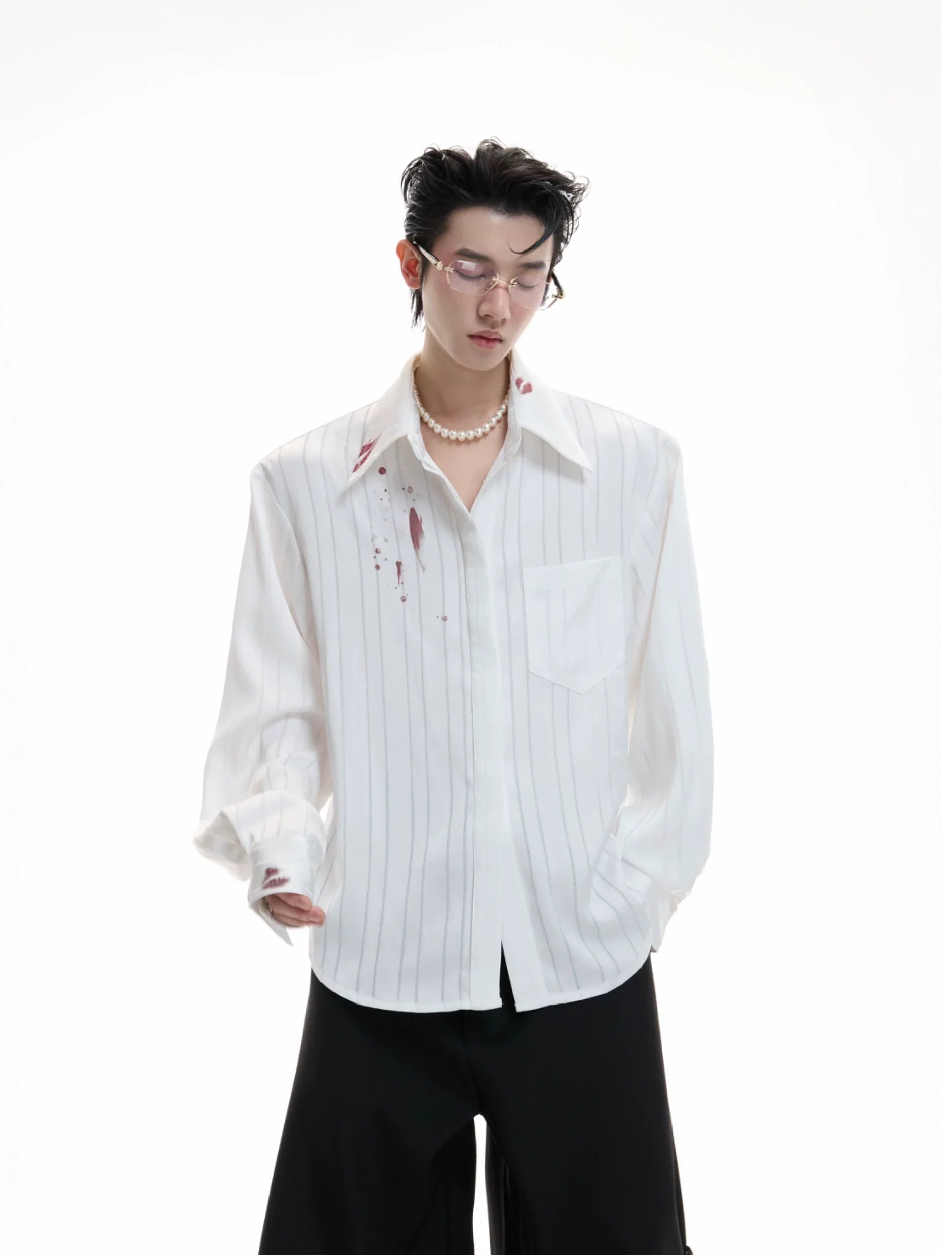 Stripe Satin Lipstick Print Long Sleeve Shirt