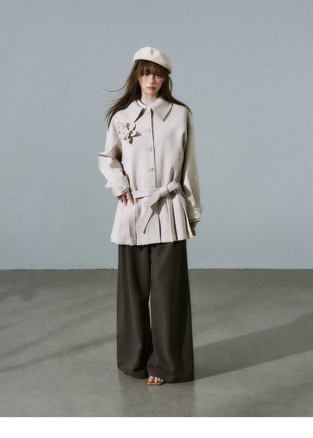 Flower Pleats Tencel Wool Trench Coat
