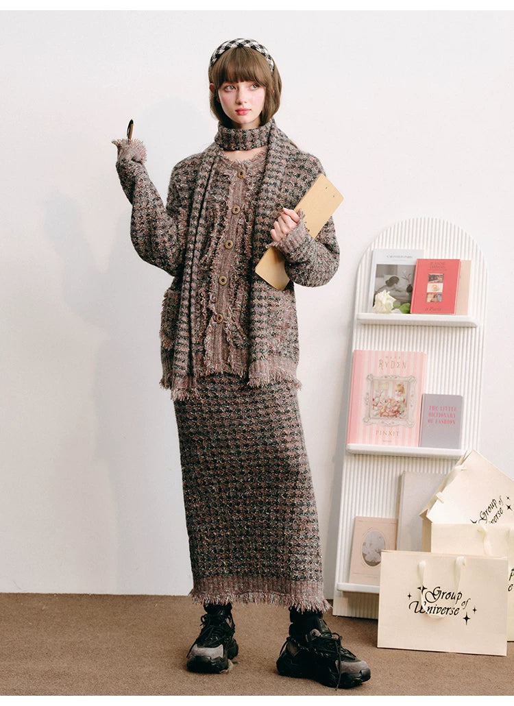 Plaid Button Cardigan & Scarf & Long Skirt Setup