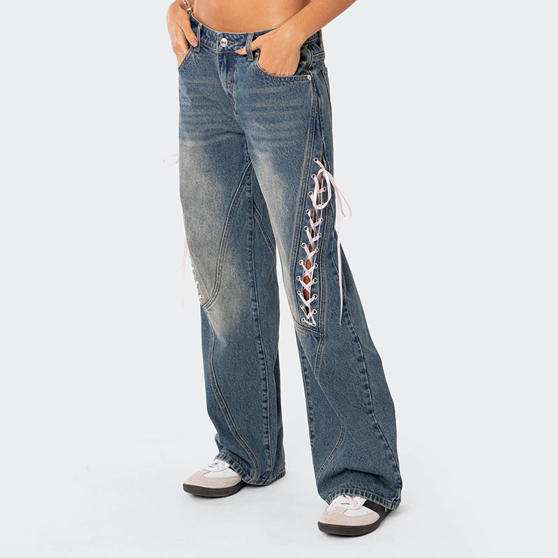 Lace-up Low-rise Straight-Leg Jeans