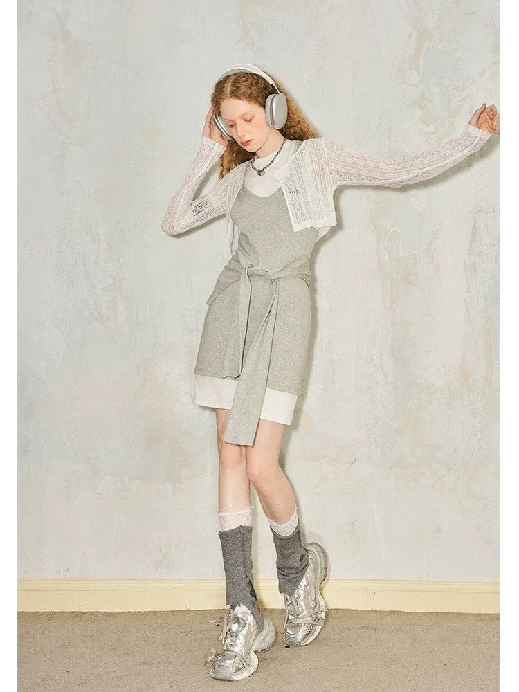 Splicing Fake Layered Round Neck Waist Cinching Dress