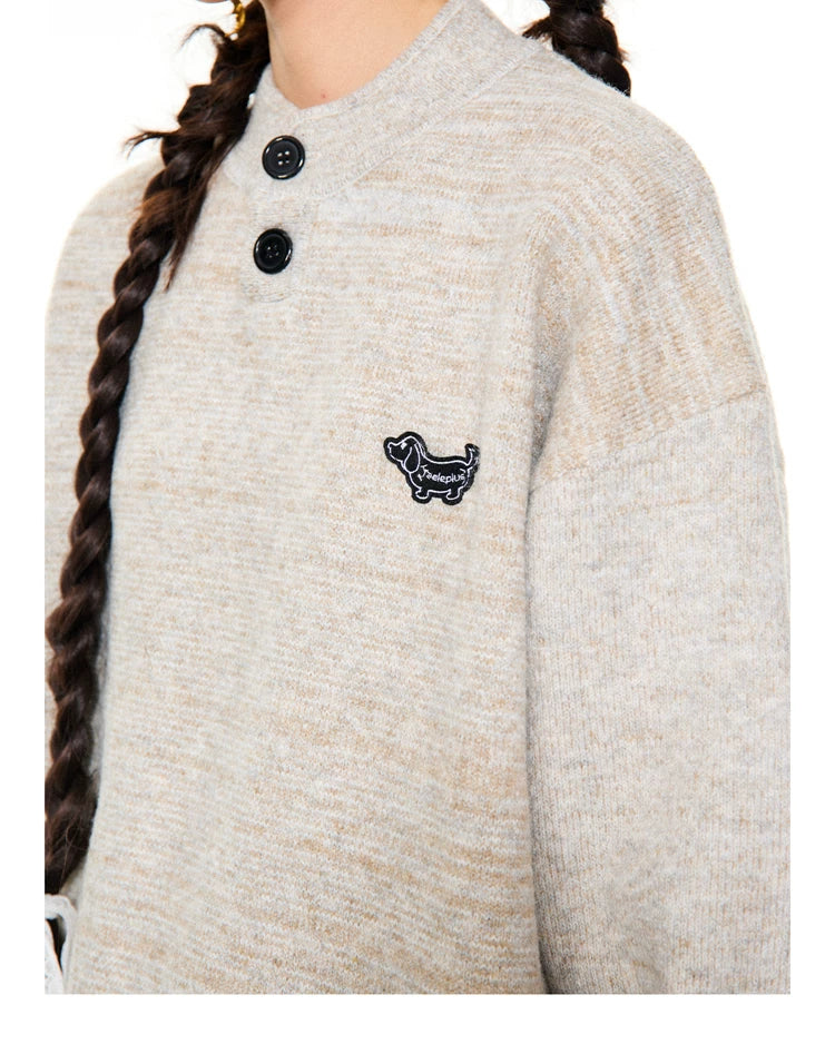 Button-Detail Stand Neck Knit Sweater