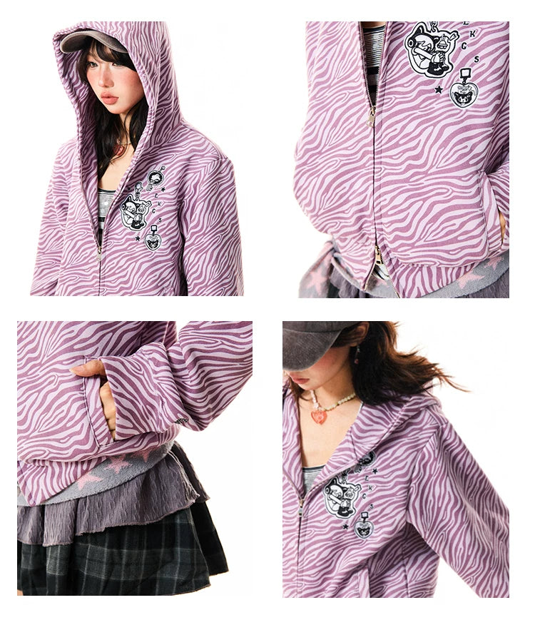 Zebra Print Graphic Zip-Up Hoodie
