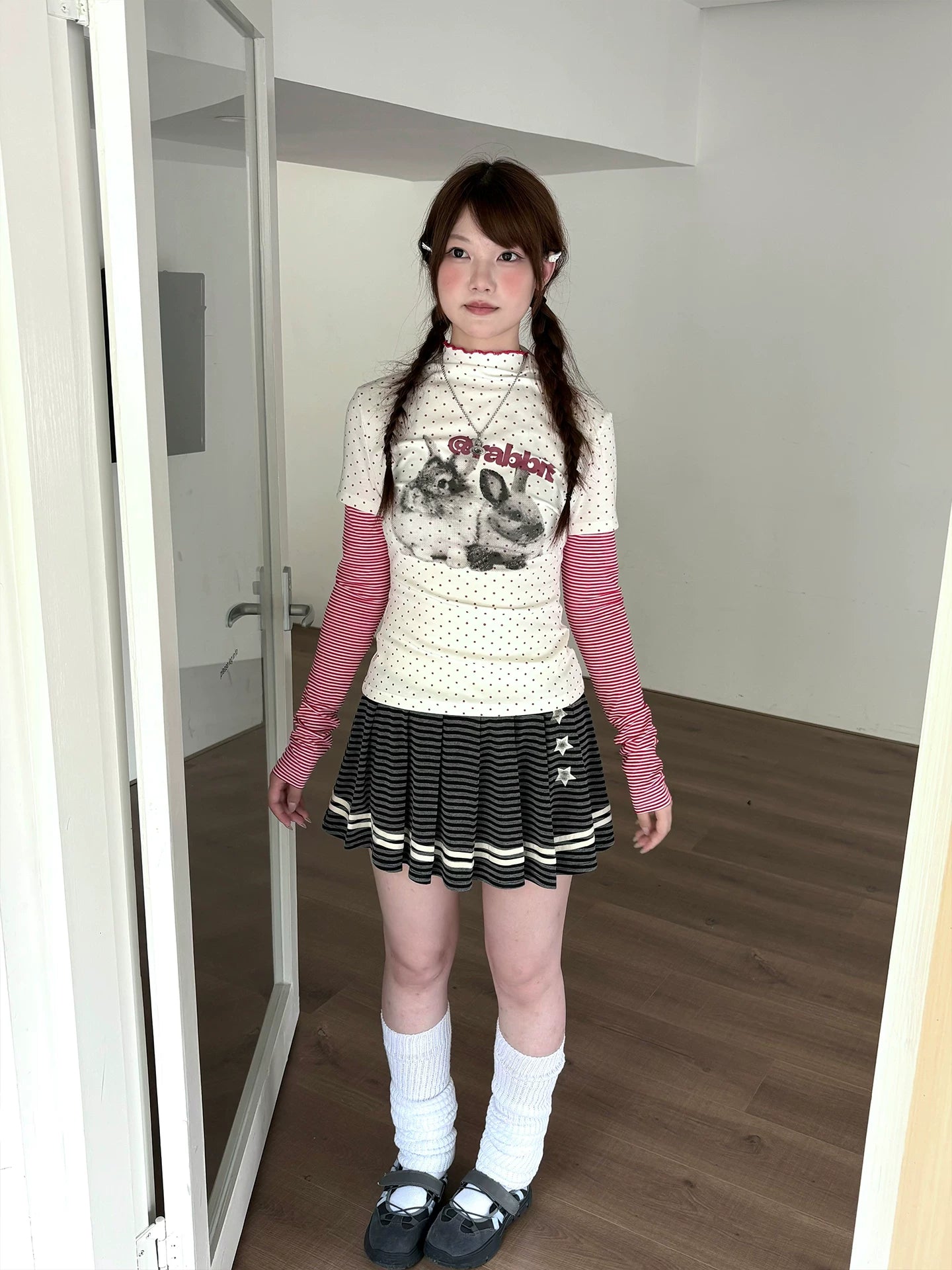 Rabbit Print Patchwork High-Neck Long Sleeve T-Shirt