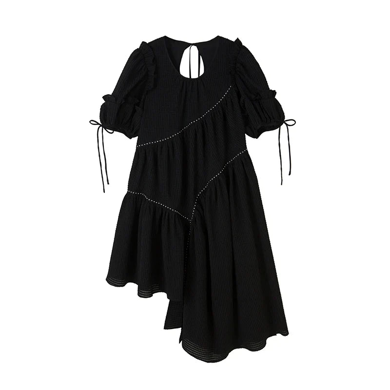Jacquard Design Short Sleeve Dress With Irregular Hem Length