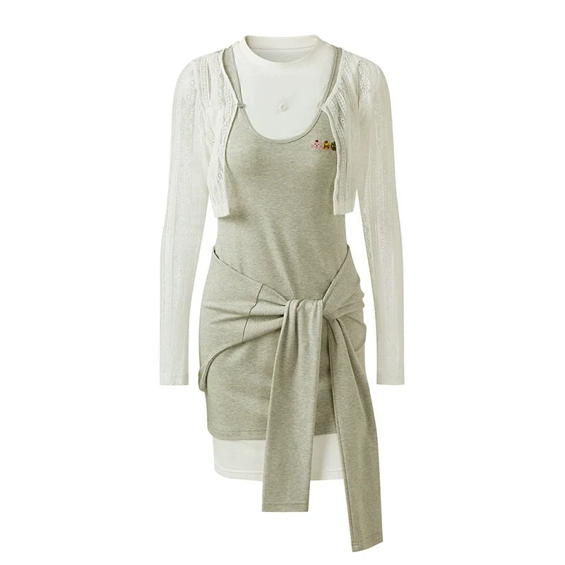 Splicing Fake Layered Round Neck Waist Cinching Dress