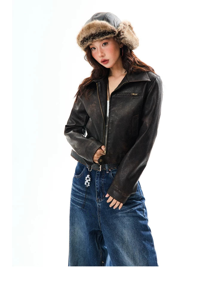 PU Leather Washed Zipper Short Length Jacket