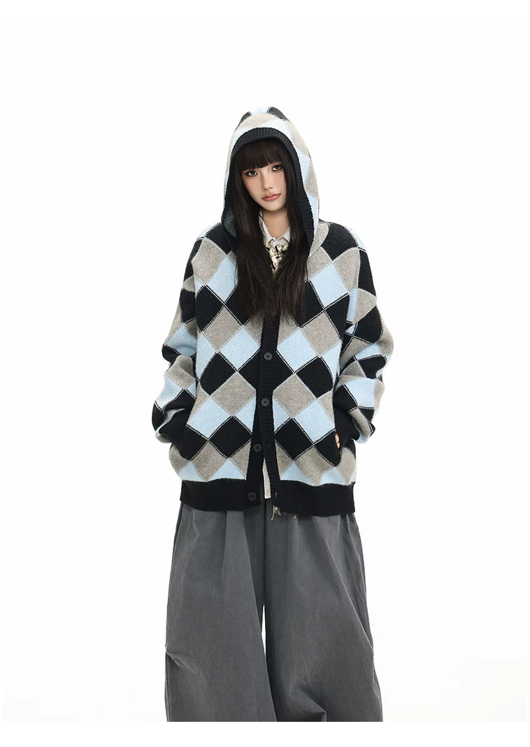 Heavyweight Diamond Pattern Oversize Hooded Knit Cardigan & Knit Sweater