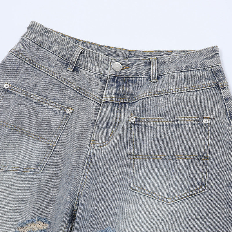 Washed Damage Wide Leg Denim Short Pants