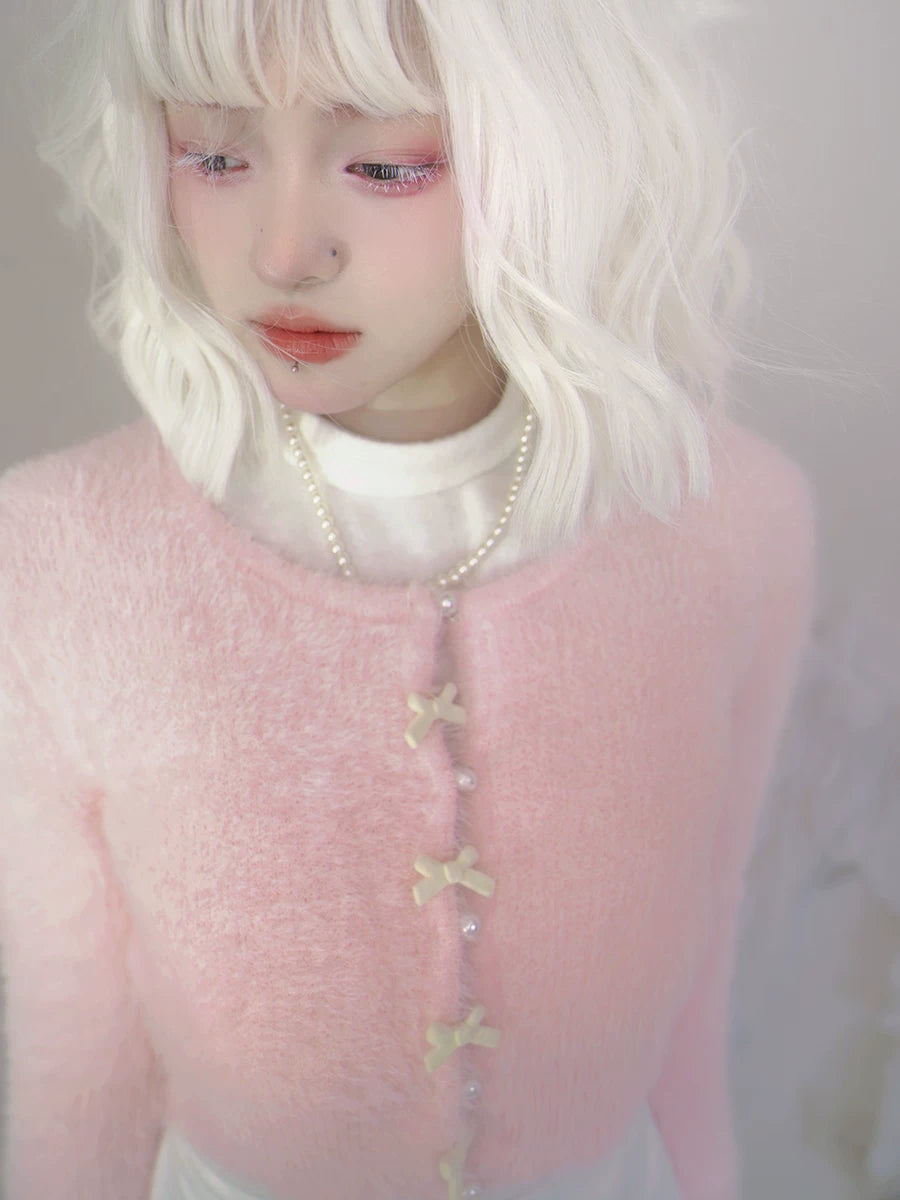 Pearl Bow Short Knit Cardigan