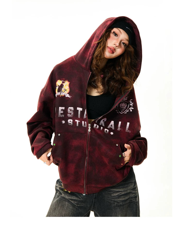 Tie-Dye Letter Print Oversize Zipper Hoodie