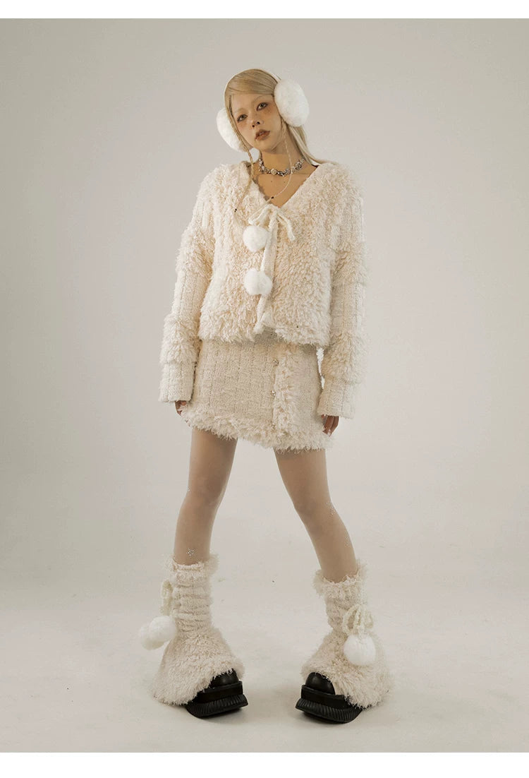 Fleece Lining Soft Fuzzy Knit Cardigan & Half Skirt Setup