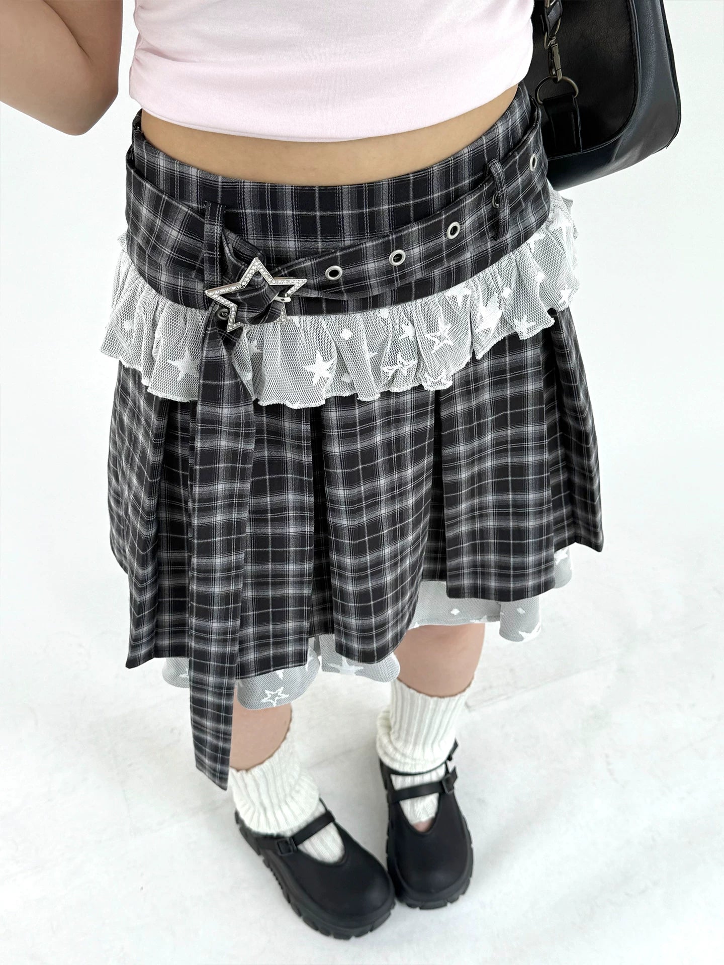 Plaid Lace Layered Star A-Line Short Skirt