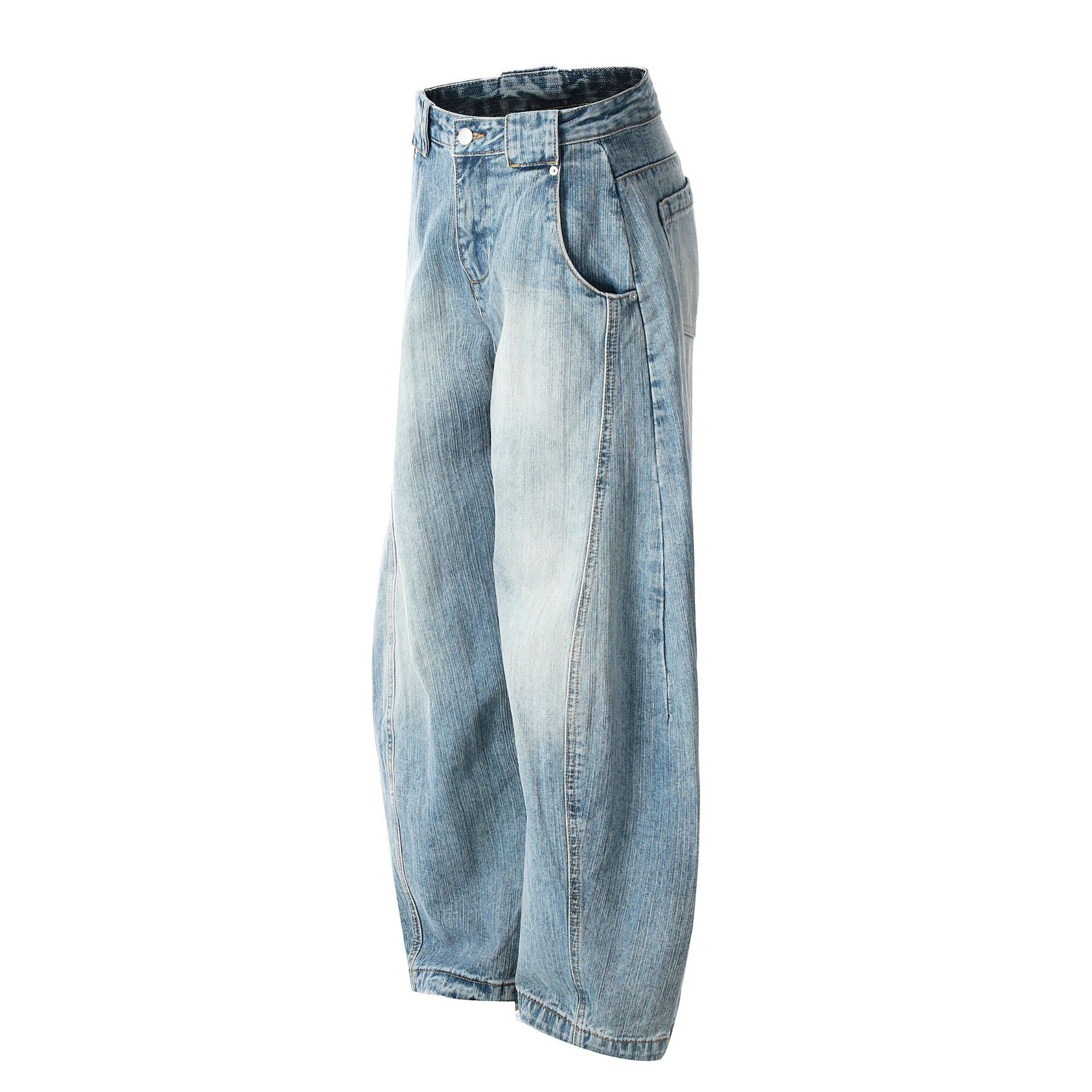 Washed Slub Wide Leg Barrel Denim Jeans