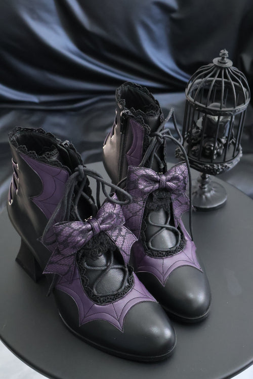 Bottines à lacets avec nœud et motif toile d'araignée violette - Violet / 35 / microfibre