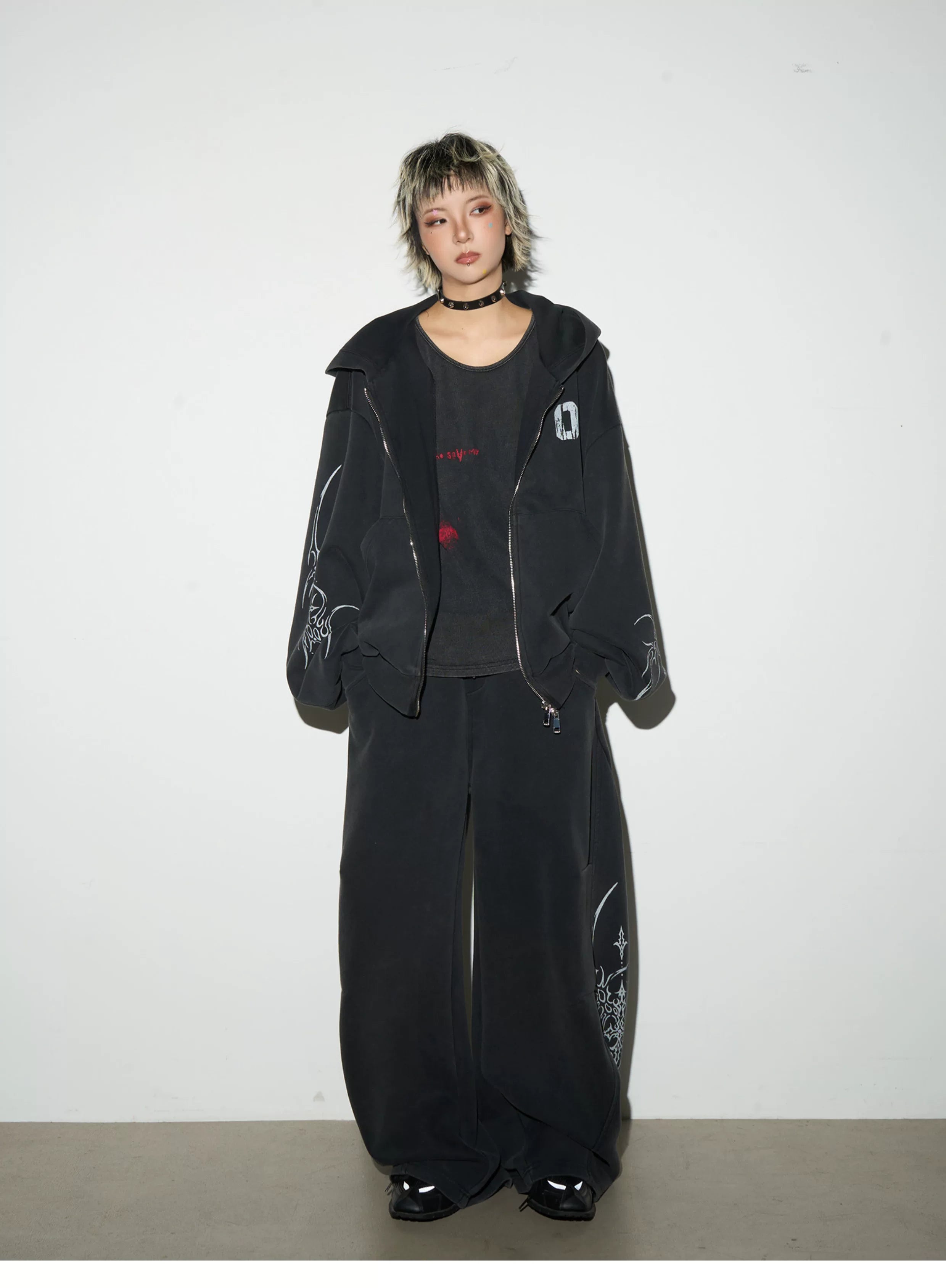 Graphic Print Oversize Zipper Hoodie & Wide Leg Sweatpants Setup