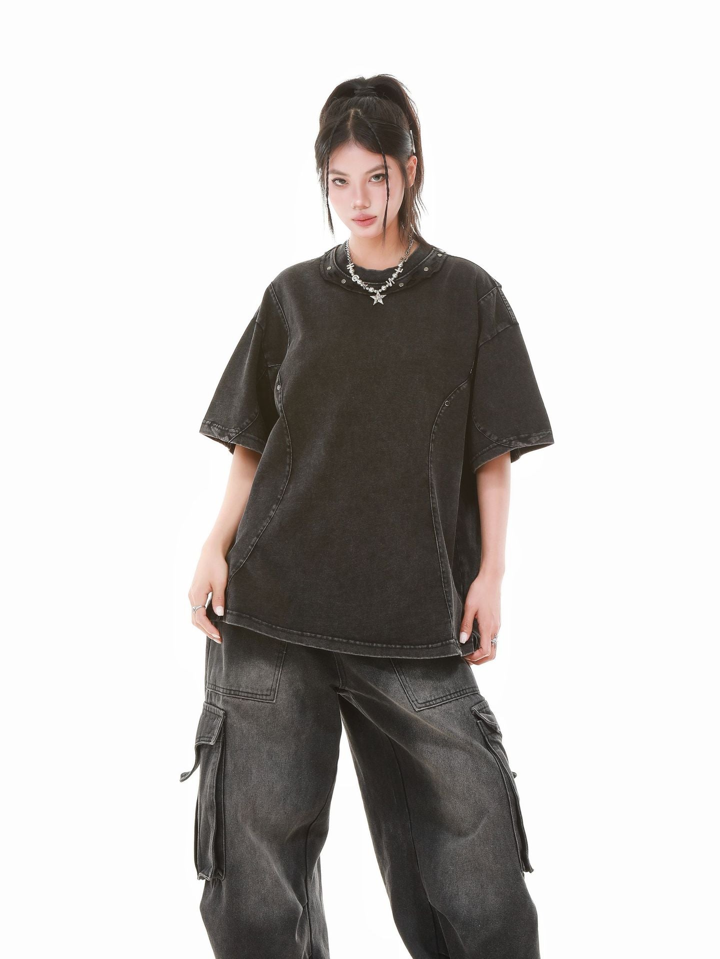 Heavy Washed Fade Stitching Short Sleeve T-Shirt