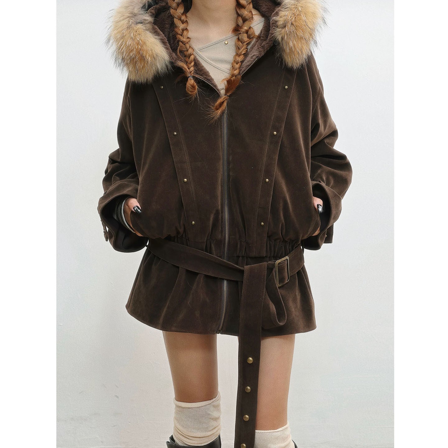 French Inspired Fleece Fake Rabbit Fur Lining Jacket