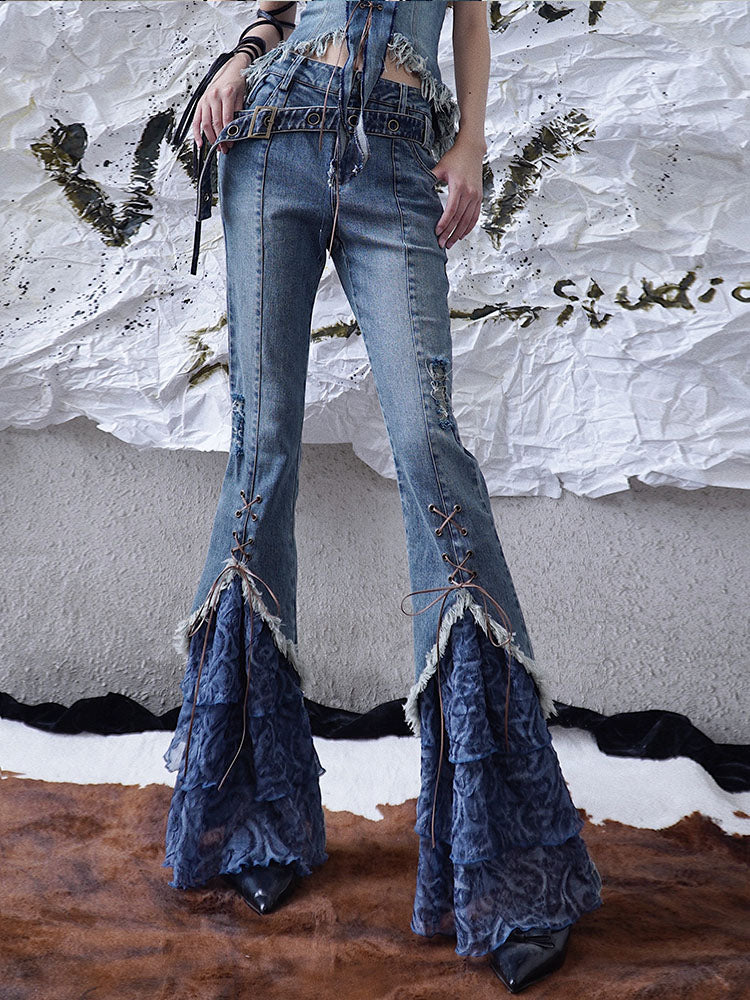 Patchwork Strap Detail Denim Pants