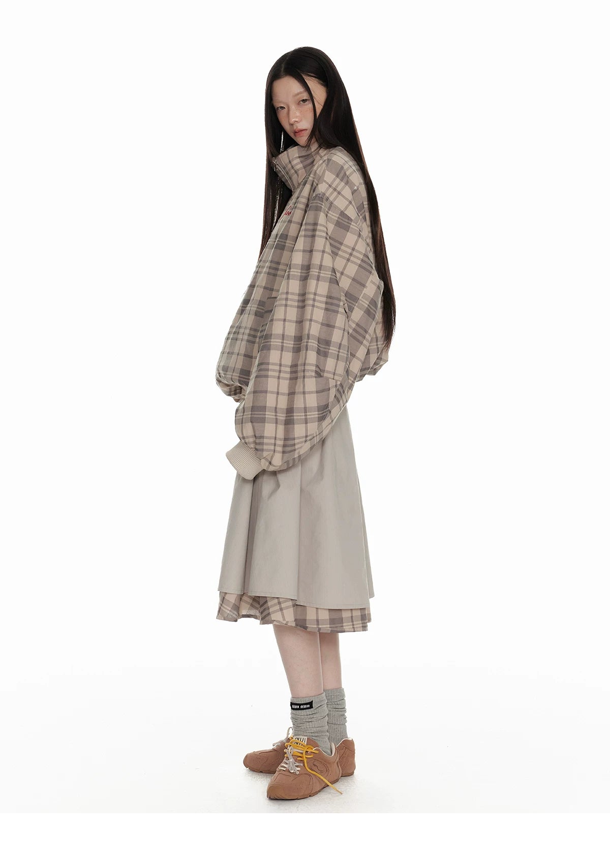 Hollow Star Stand Neck Recersible Jacket & Recersible Plaid Skirt Setup