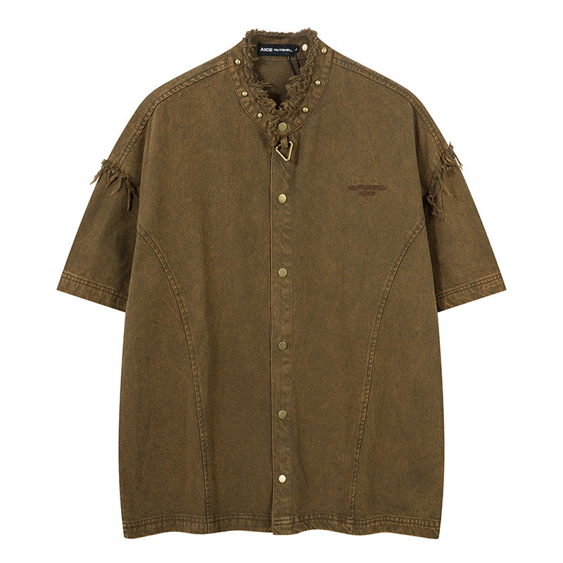 Distressed Short-Sleeved Denim Shirt - MADXMARX
