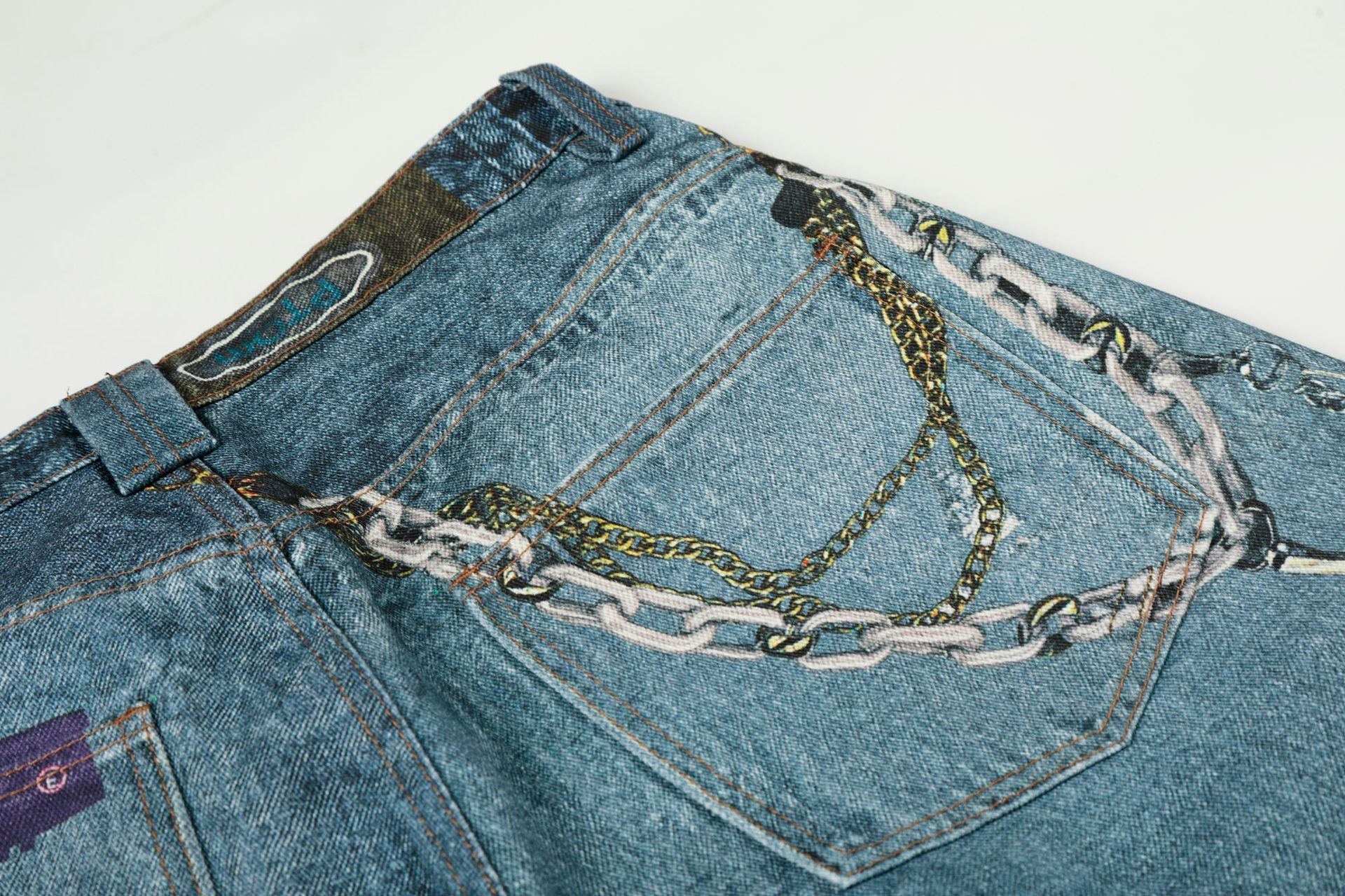 Washed 3D Print Curved Wide Leg Denim Jeans
