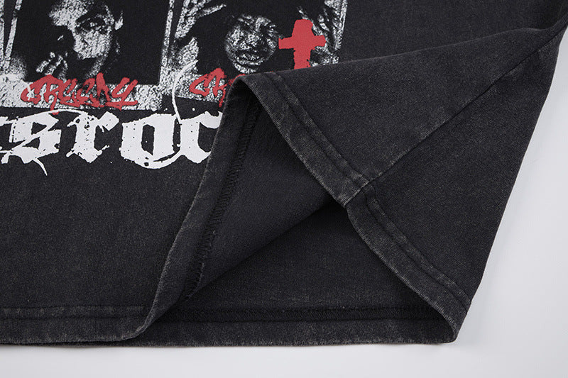 Washed Portrait Letter Print Short Sleeve T-Shirt