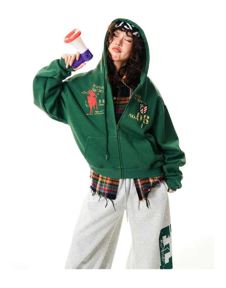 Letter Embroidery Washed Zipper Hoodie