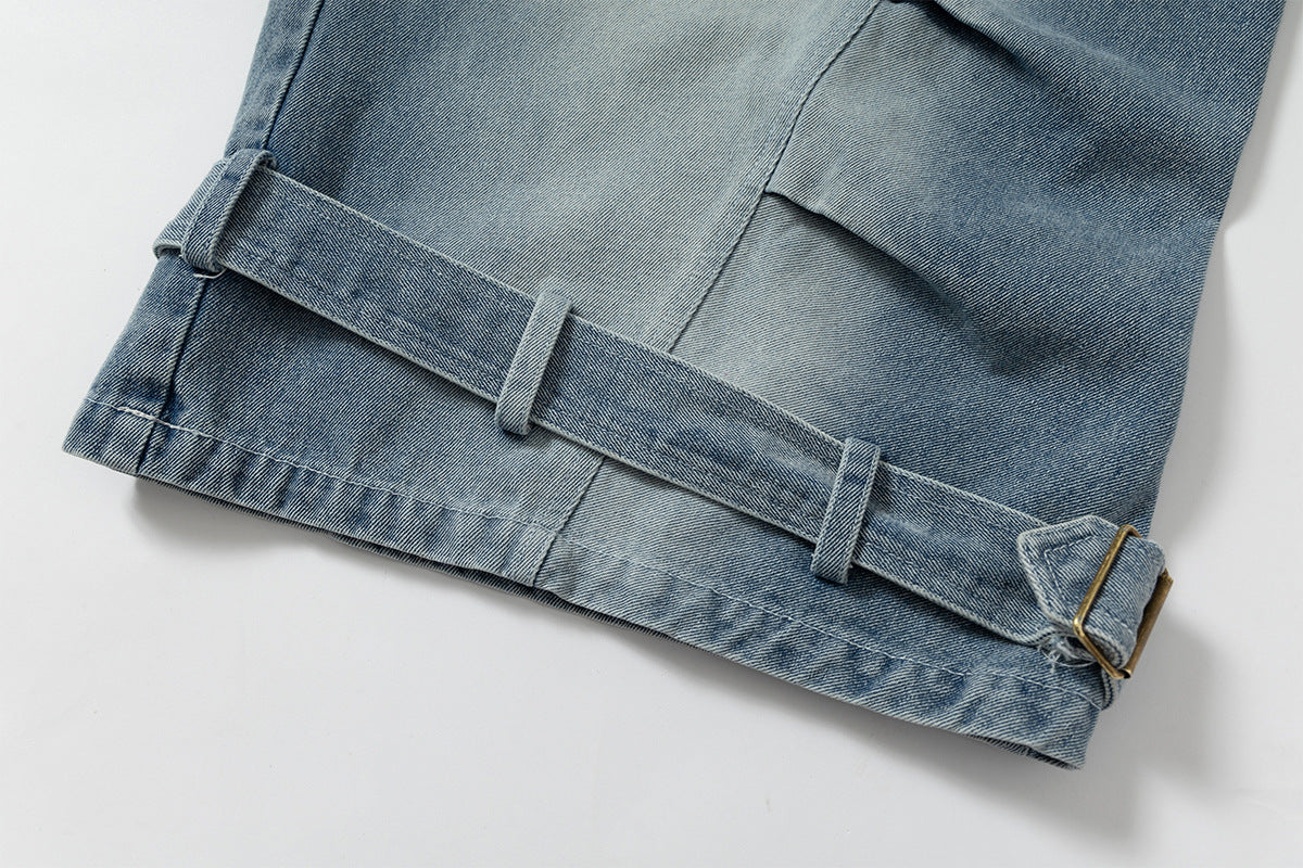 Lace-Up Washed Wide Leg Denim Short Pants